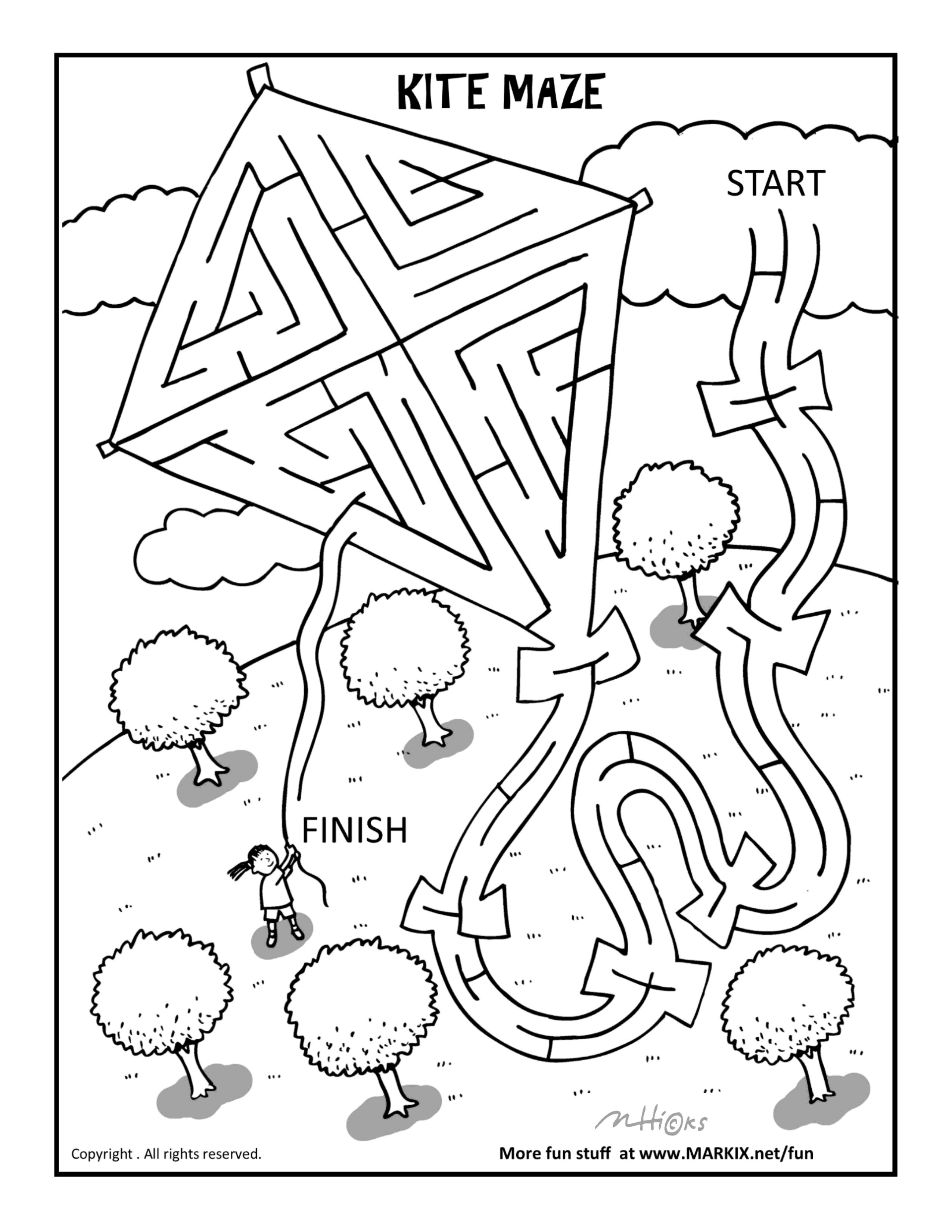 Kite Maze and Coloring Page for Kids 5 and up
